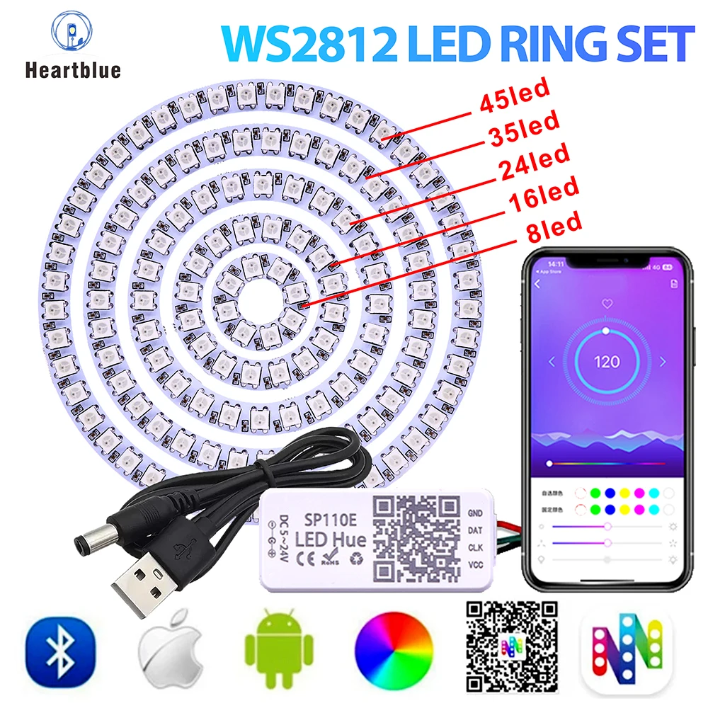 WS2812B RGB LED Angel Eye Ring Kit DC5V USB SP110E BT APP Controller Individually Addressable Pixel Halo Ring 27/48/72/96/120MM