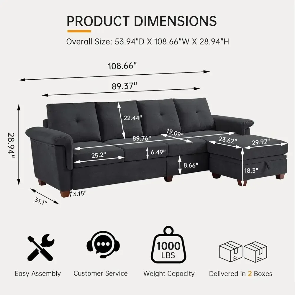 4-Seat L-Shaped Sectional Sofa with Storage, High Back, Cup Holders, Grey Microfiber Fabric
