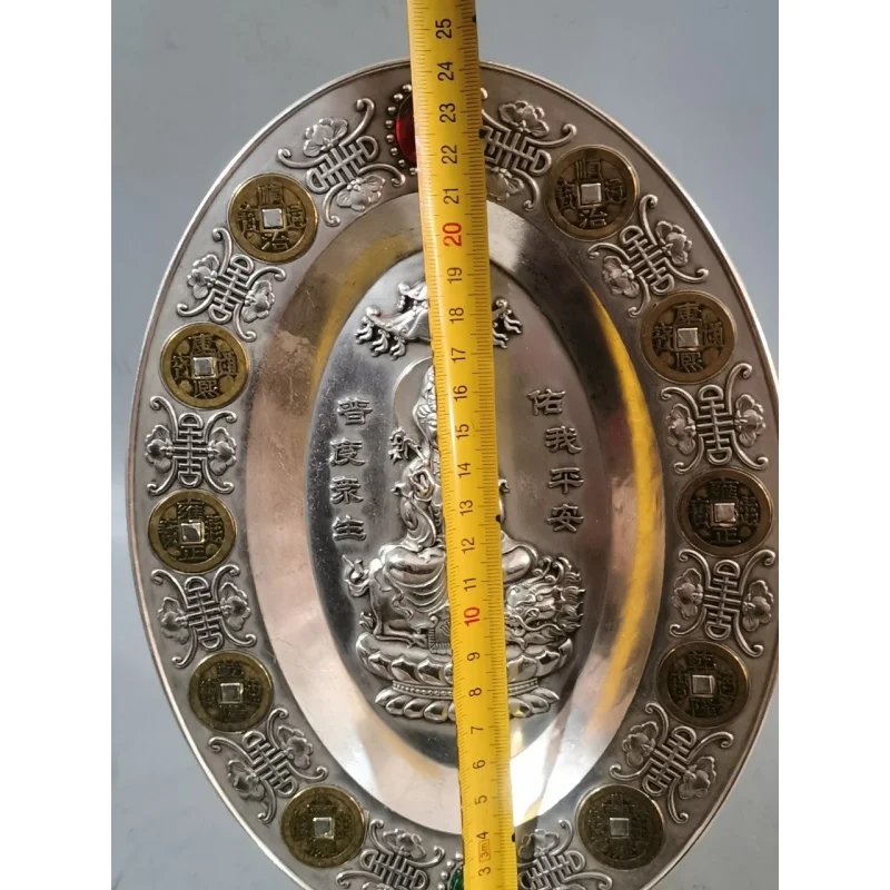 Pure Copper Silver-Plated Inlaid Red and Green Gemstone Guanyin Qing Dynasty Five Emperor Coins Silver Plate Wealth-Attracting H