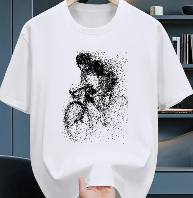 Men's Cotton Short Sleeve T-Shirt Stylish Geometric Bicycle Print Casual Crew Neck Perfect for Outdoor Activities  Men Clothing