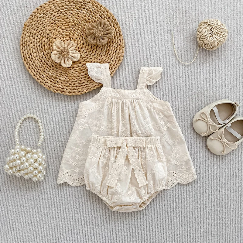 2026 Sommer-Träger-Set für Kinder 0-24M: Besticktes Gitter-Träger-Top + Shorts, Zweiteiliges Süßes Baby-Mädchen-Kleidungsset, Babykleidung – Detail 4