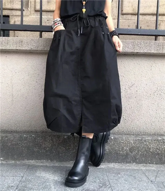 

Корейская летняя юбка с карманами, женская юбка трапециевидной формы с высокой талией и шнурком, модные свободные винтажные юбки с разрезом, 2025 Faldas Mujer De Moda