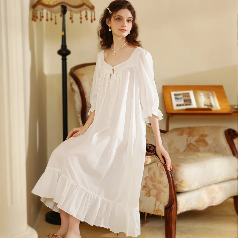 

New Women Homewear White Cotton Sexy Sleepwear Strap Night Dress Lace Nightwear Nightgown Homewear Gown