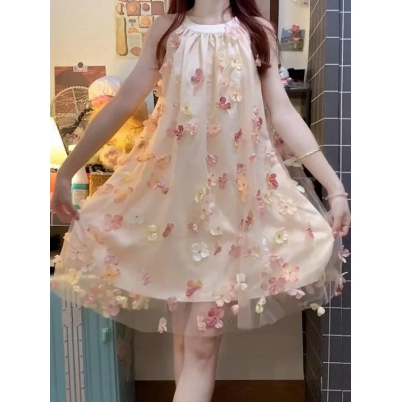 

Super Fairy！Forest Style Sleeveless Halter Neck Atmosphere Dress for Women Spring Fashion Outfit Date Vacation Petal Dress