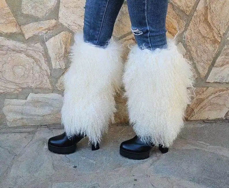 Custimzied size Real Mongolian Fur leg cuffs, leg warmers boot view 5