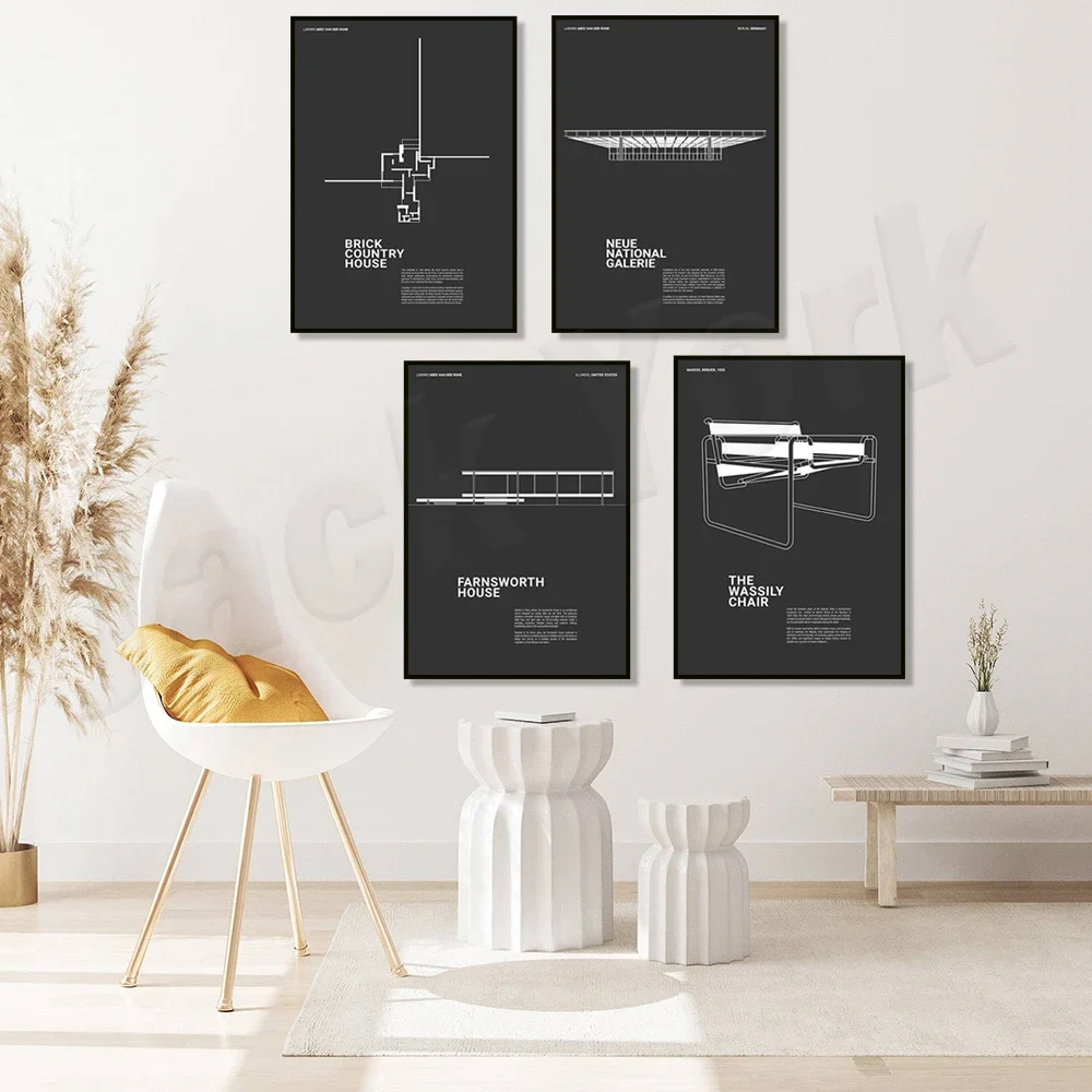 Farnsworth House، Ludwig Mies van der Rohe، Neues Nationalgalerie Berlin، ملصق معماري كلاسيكي أبيض وأسود، Bauhaus