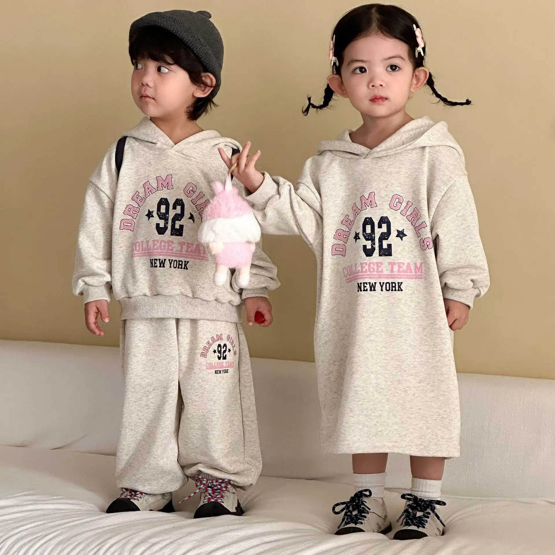 2026 Spring New Children Long Sleeve Clothes Set Boys Hooded Sweatshirt 2pcs Suit Girls Letter Casual Dress Brother Sister Set
