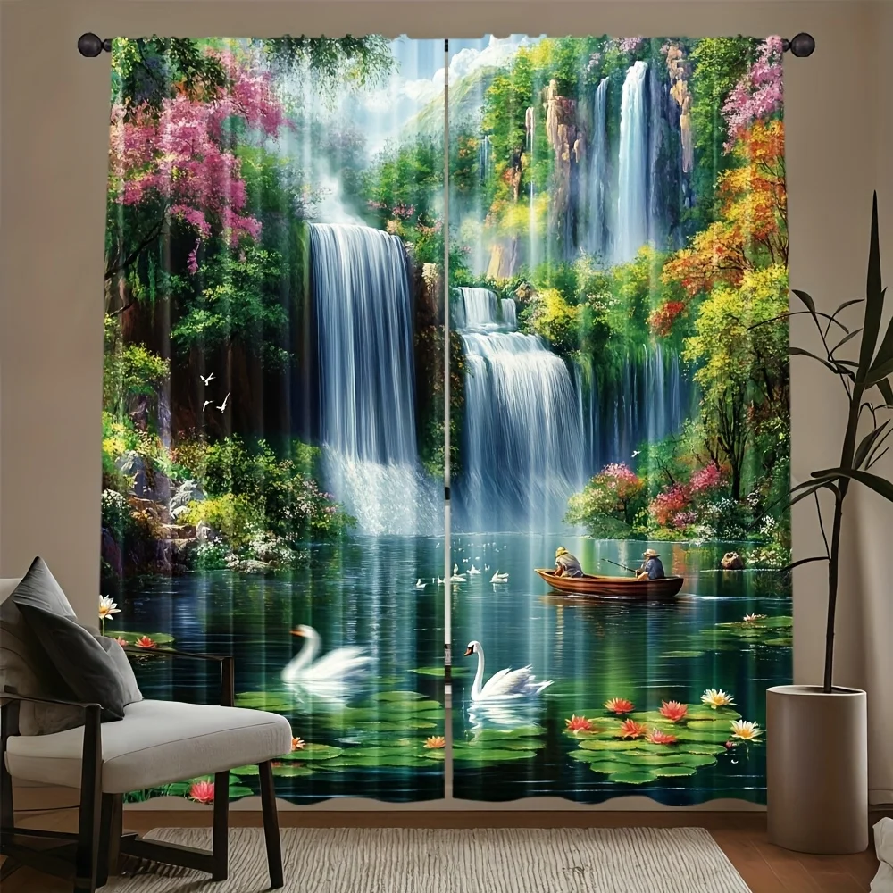 Elegant waterfall pattern printed curtains, pole-mounted installation. Suitable for living rooms, bedrooms, dining rooms hotels