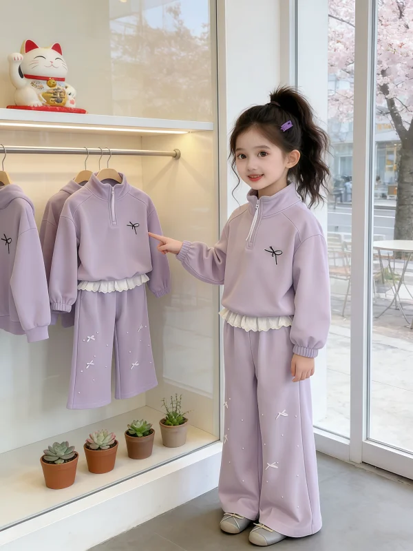 

Новый модный комплект для девочек Весна 2026: топ с узлом и брюки с рюшами и жемчугом, повседневный костюм из двух предметов, хлопок, высокая талия, длинный рукав