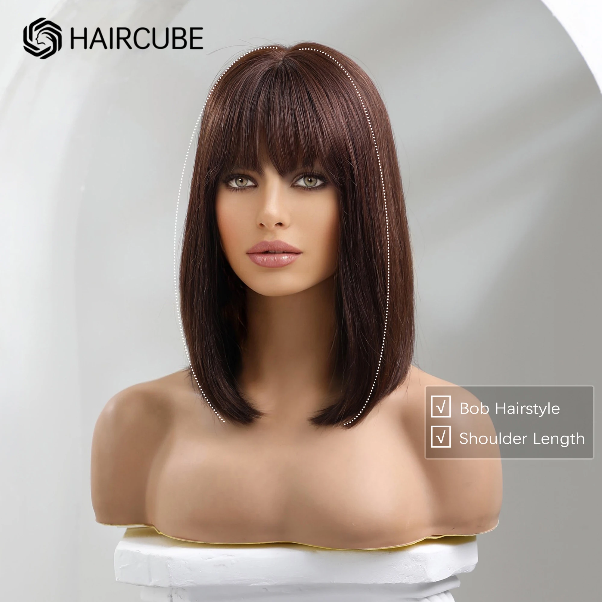 Парик HAIRCUBE из темных коричневых человеческих волос, с челкой, прямые волосы длиной плеч для женщин, парики Remy, машинная работа, термостойкие