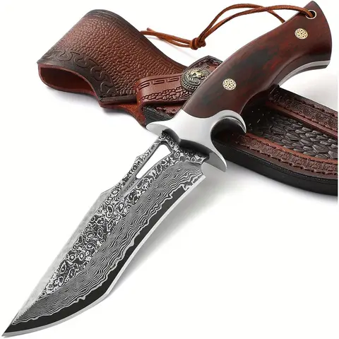 Damascus advanced straight knife, fixed blade, wooden handle and leather scabbard, easy to carry, fast cutting, loved by men
