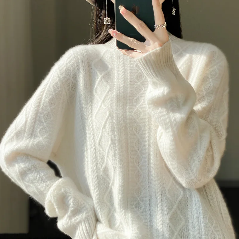 

Женский свитер 2026: Теплый шерстяной пуловер на осень-зиму, однотонный, свободный крой, с высоким воротником, эластичный, модный корейский джемпер