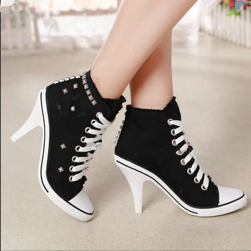 Pop Women Canvas Shoes Denim High Heels Rivets Shoes Nice Shoe Spring Sneakers Women\'s Pumps Black Blue Autumn Pop Nice