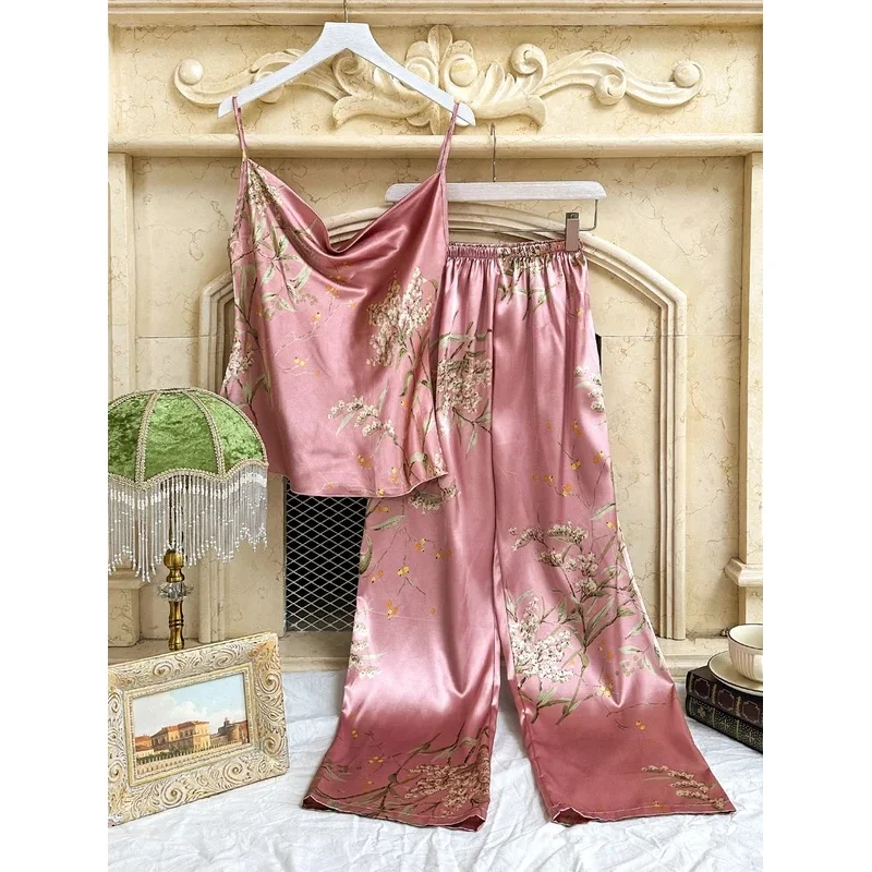 Imitation Silk Vest Pantsuit Casual Print Halter Pajamas Fashion Summer Women's Halter Home Wear