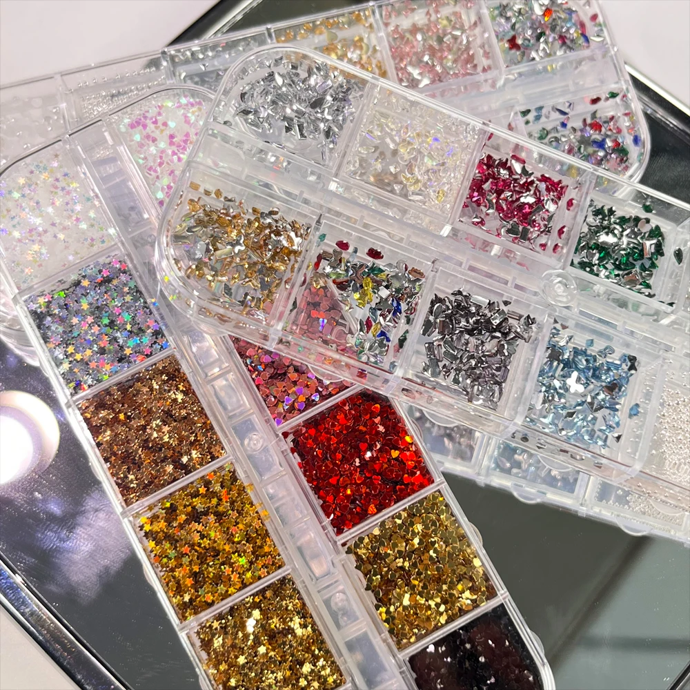 12 Gitter Kristalldiamanten, Perlen und Stahlkugeln mit flacher Rückseite, Edelsteine für Nagelglitzer-Dekor, 3D-gemischte unregelmäßige Mini-Nagel-Strasssteine