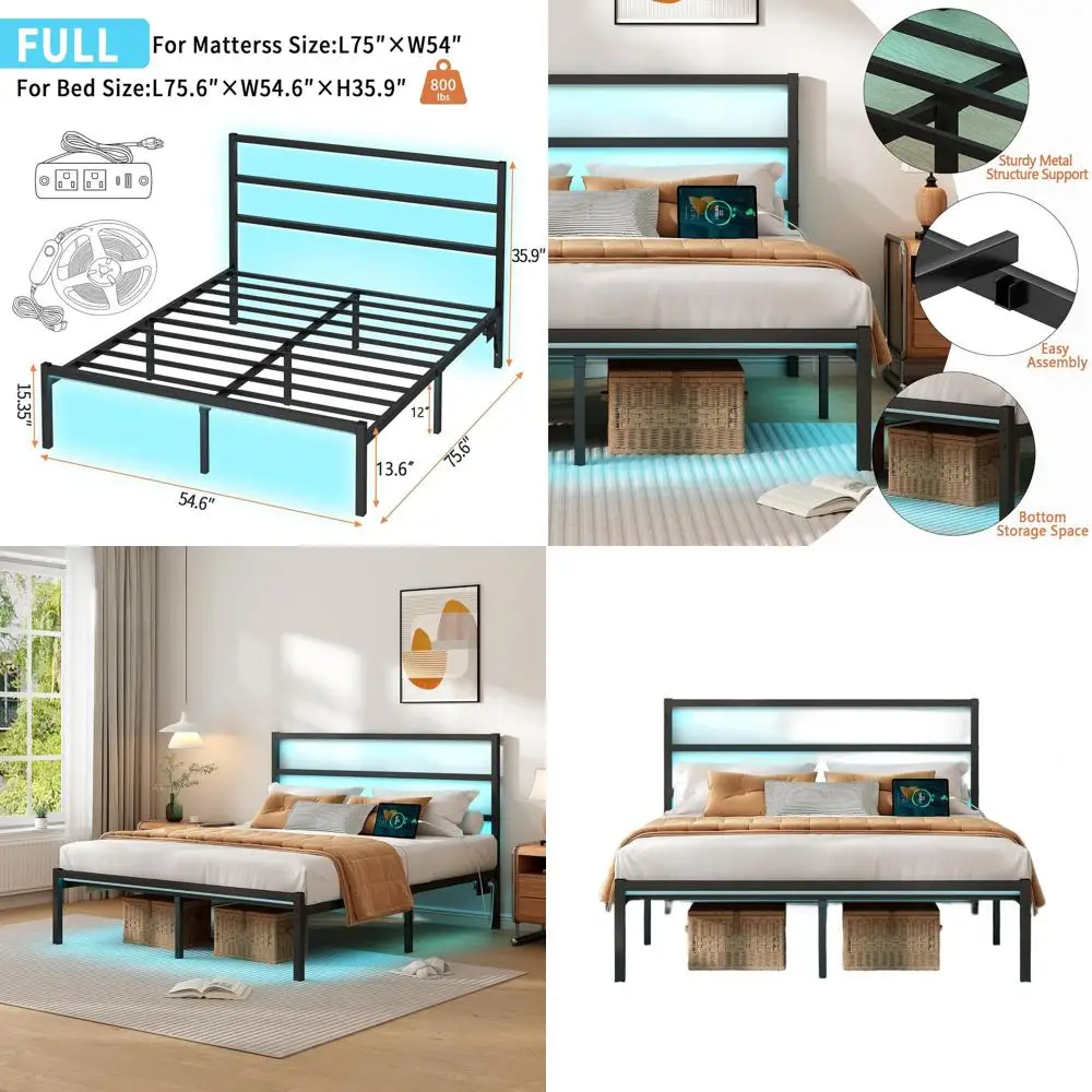 

Black Heavy Duty Steel Bed Frame with Headboard, LED USB Charging, Mattress Support, Storage, No Box Spring Needed, Silent