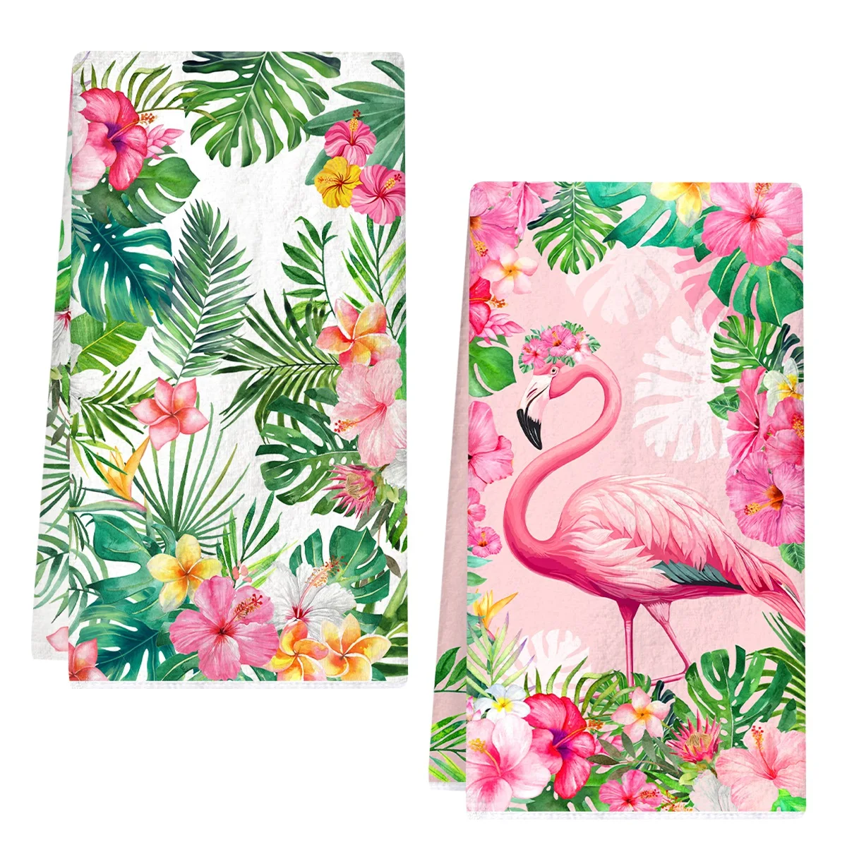 

2 шт. кухонных полотенец в гавайском стиле с узором фламинго, листьев монстеры и цветов, из микрофибры, для летнего декора кухни и дома