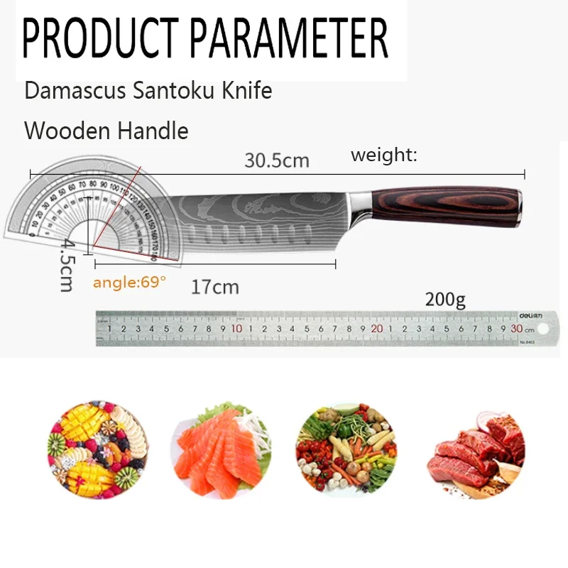 Damascus Kitchen Knives Japanese Santoku Knife Professional Chef\'s Knife Meat Cleaver 7CR17 Stinless Steel Boning Cooking Knife