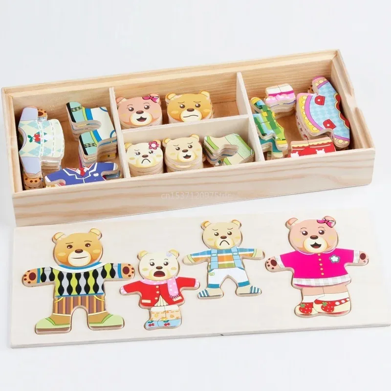 Little Bear Wooden Jigsaw Puzzle para crianças, trocar de roupa, vestir jogo, brinquedos do bebê, presente infantil