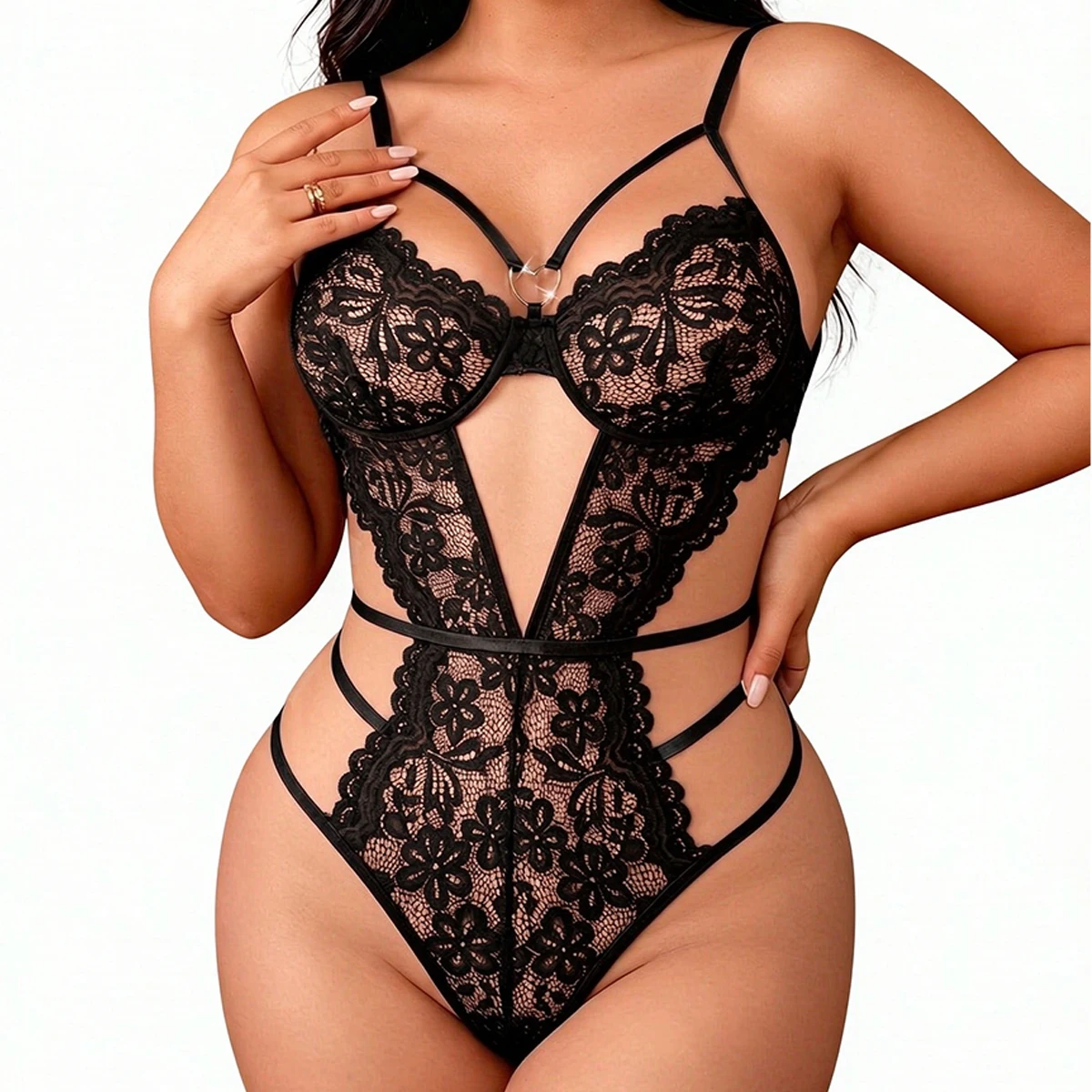 Lencería de encaje transparente para mujer, talla grande, ideal para una noche romántica, con escote en V pronunciado, espalda descubierta, diseño con aberturas y tirantes finos, body de estilo boudoir.