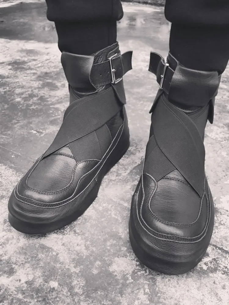 Handmade Fashion Men Cowhide Patchwork Round Toe Boots Genuine Leather Skateboard Thick Platform Casual Men Comfortable Footwear