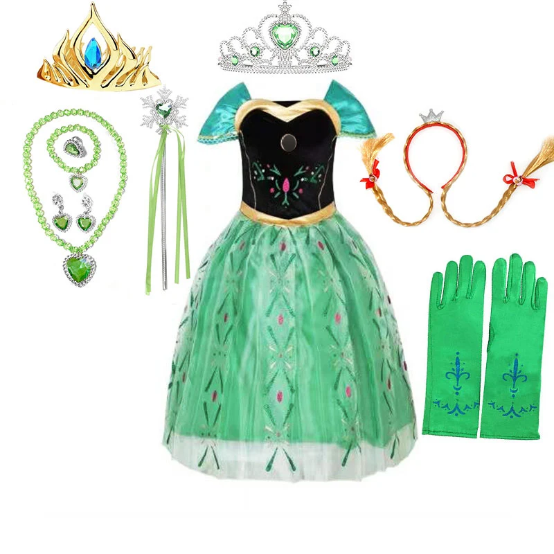 Green Anna Clothing Ball Gown Girls Festival Cosplay Apparel Princess Outfit Toddler Snow Queen Dress Frozen Birthday Party Gown