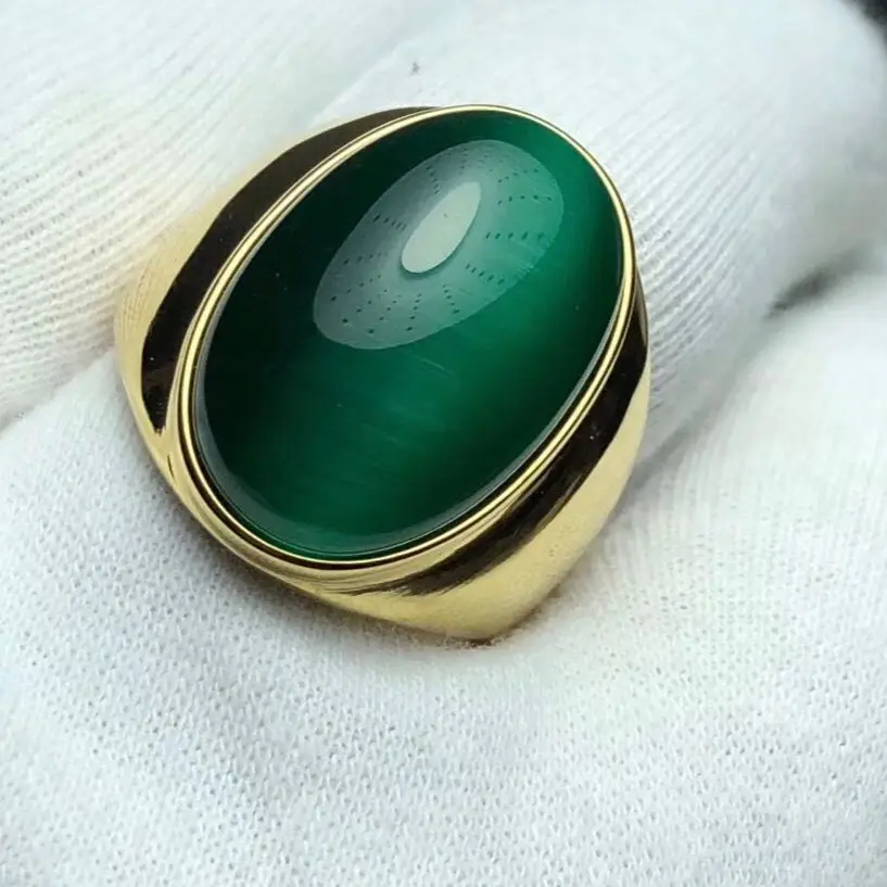 18k Gold Color Women Ring Stainless Steel Jewelry with Large Cat Eye Stone Tarnish Free Men Accessories Male Rings High Quality