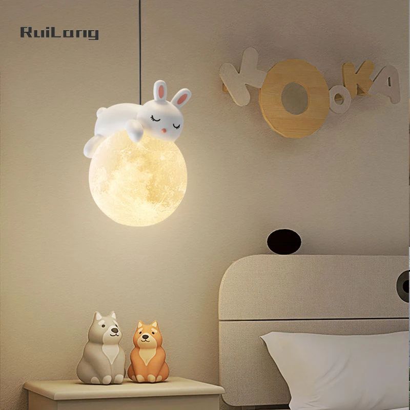 Cartoon Rabbit Moon Chandelier Kids Room Girl Boys Bedroom Bedside Pendant Light White Decor Nursery Baby Children Hanging Lamp