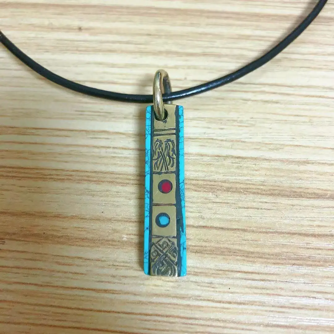 PN177 Tibetan Copper Lucky Signs Stone Double Side Pendant Handmade Nepalese 38mm Long Amulet Charm