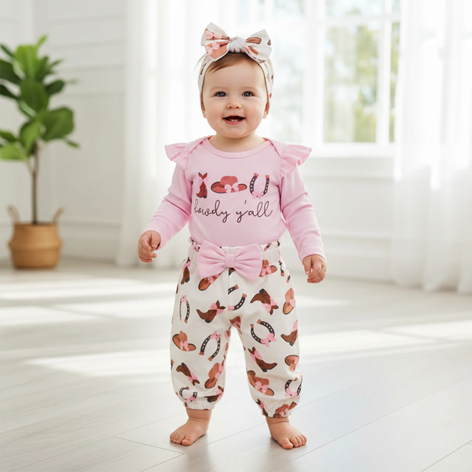 

Комплекты одежды для маленьких девочек, сапоги в стиле вестерн, комбинезон с длинными рукавами и штаны с принтом, одежда с повязкой на голову, осенняя одежда из 3 предметов