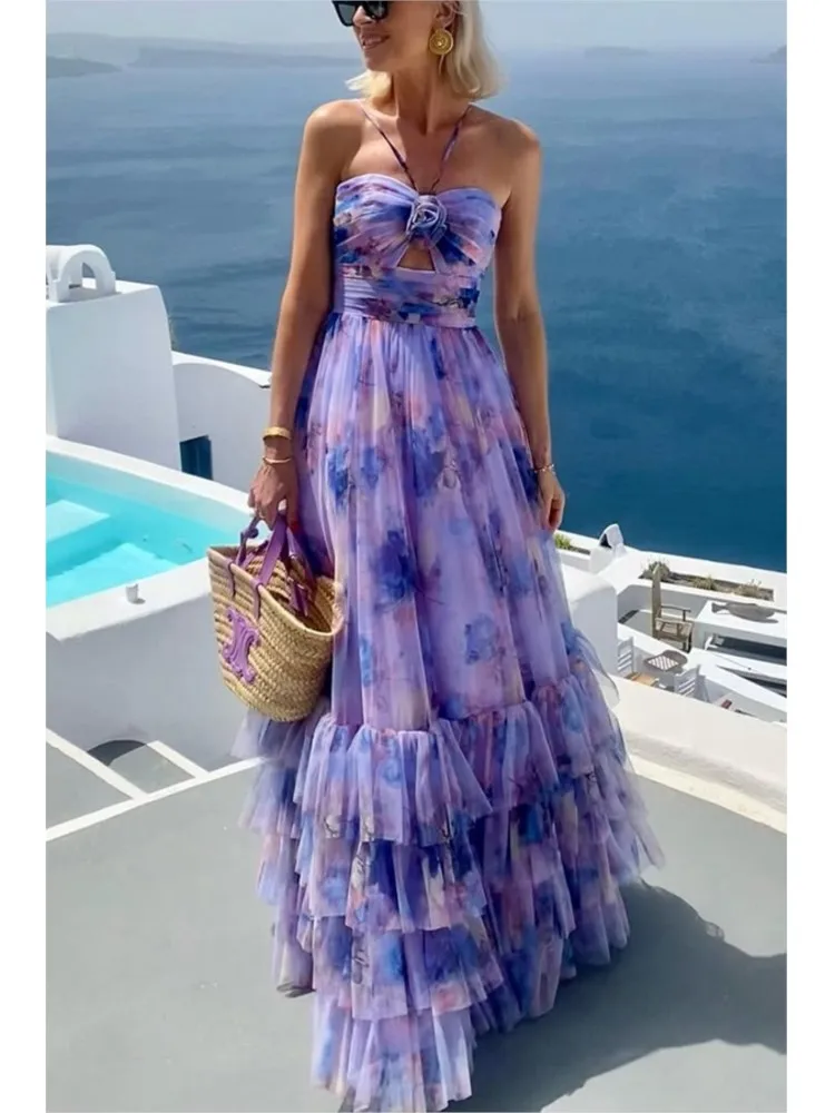 Layered Mesh Printed Dresses Women's Evening Party Dress Halter Neck Off Shoulder High Waist Holiday Banquet Long Vestidos New