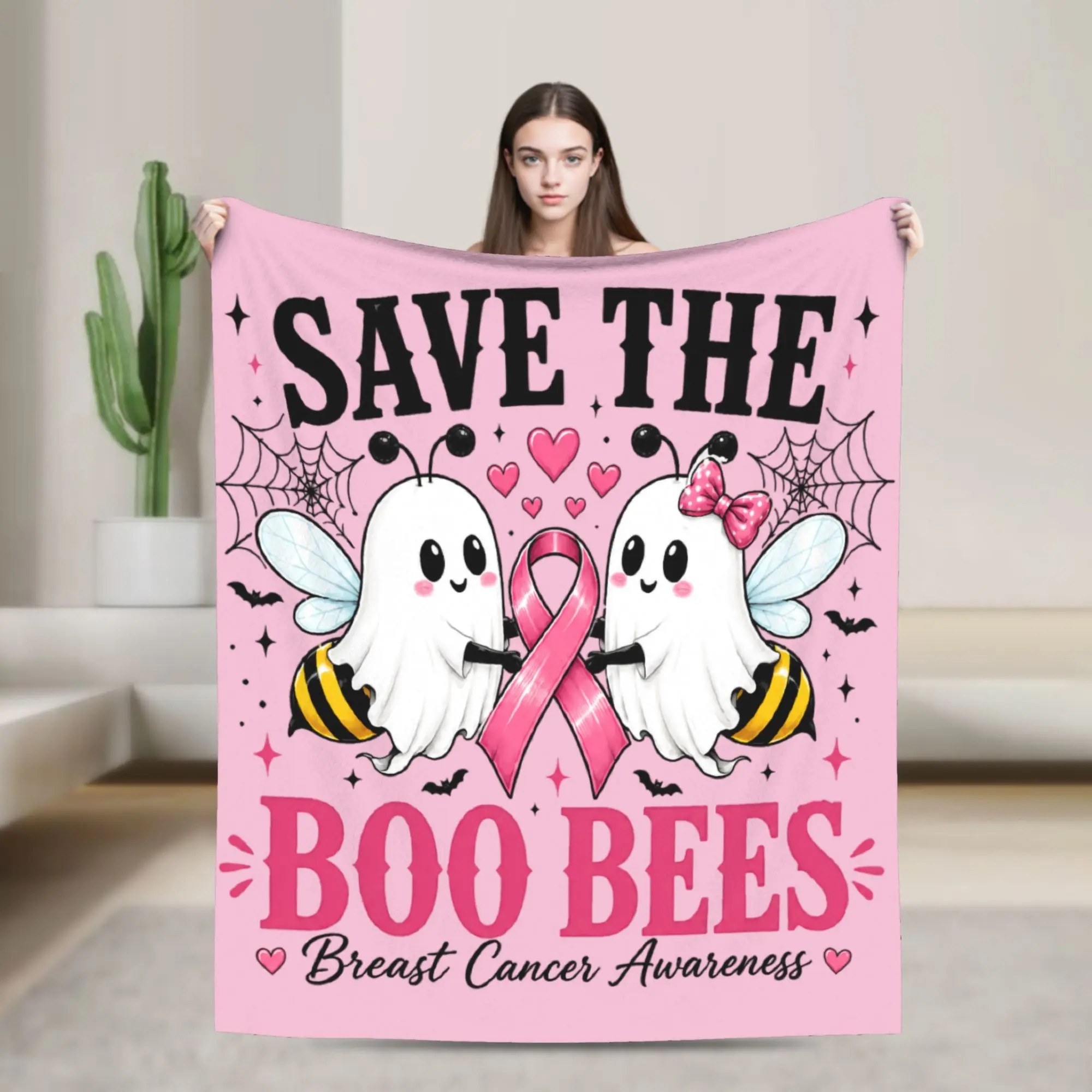 Breast Cancer Awareness Pink Ribbon Halloween Save The Boobees Breast Cancer Flannel Blankets  Funny Throw Blankets for Home