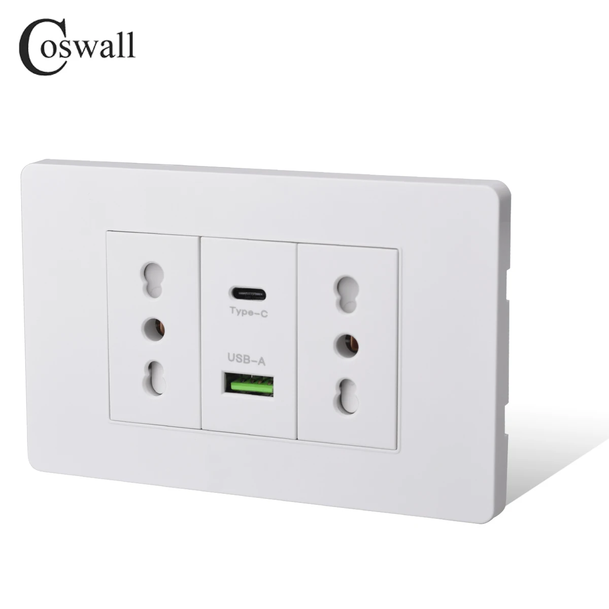 Coswall White 118 Series PC Panel Italian / Chile Standard 16A Wall Power Socket Dual USB Type-c PD 3.0 20W Fast Charging