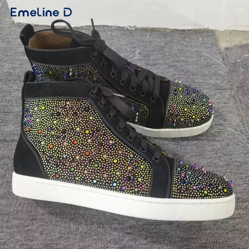 Studded Slip-On Casual Sneakers Round Toe and Colorful Rhinestone Prints White Lace-Up Shoes Fashionable Men's Shoes