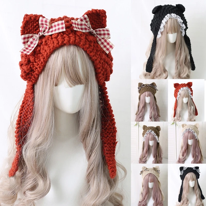 

Cartoon Warm Headgear Knit Kitten Ears Hats with Bows Winter Warm Ear Protective Crochet Beanie Hat Lovely Photo Props