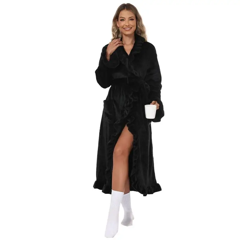 Women Autumn Winter Coral Fleece Thicken Robe Solid Color Warm Homewear Kimono Loose Gown Soft Comfy Loungewear Thick Bathrobe