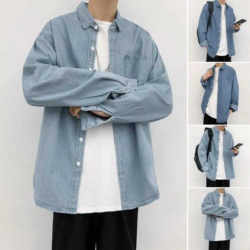 Men Top Jacket Stylish Men's Denim Jacket with Turn-down Collar Chest Pocket Casual Spring Summer Coat for School Daily Wear Men