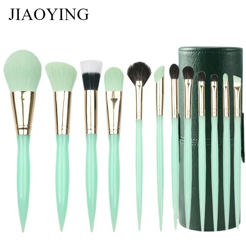 

12 Jade Handle Makeup Brush Set - Fully Functional Travel Set for Foundation, Blush, Blend and Eyeshadow - Portable Cosmetics