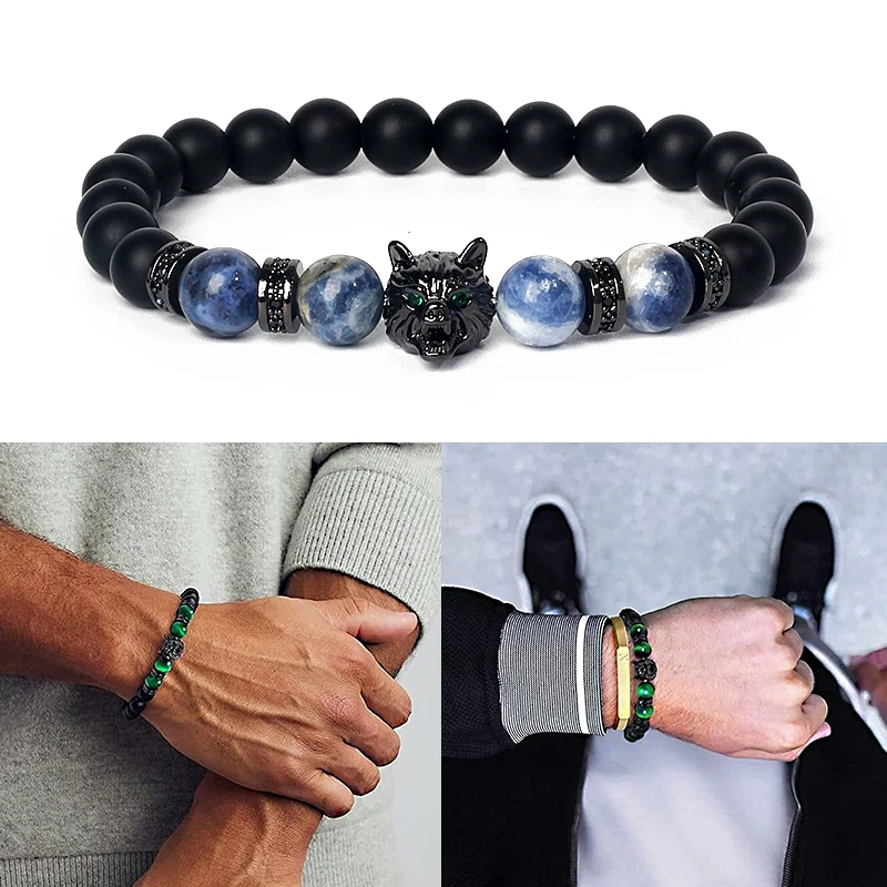 Punk Wolf Head Strand Bracelet Men Crown Natural Stone Lava Rock Save A Wolf Beaded Braclets Women Healing Energy Biker Jewelry