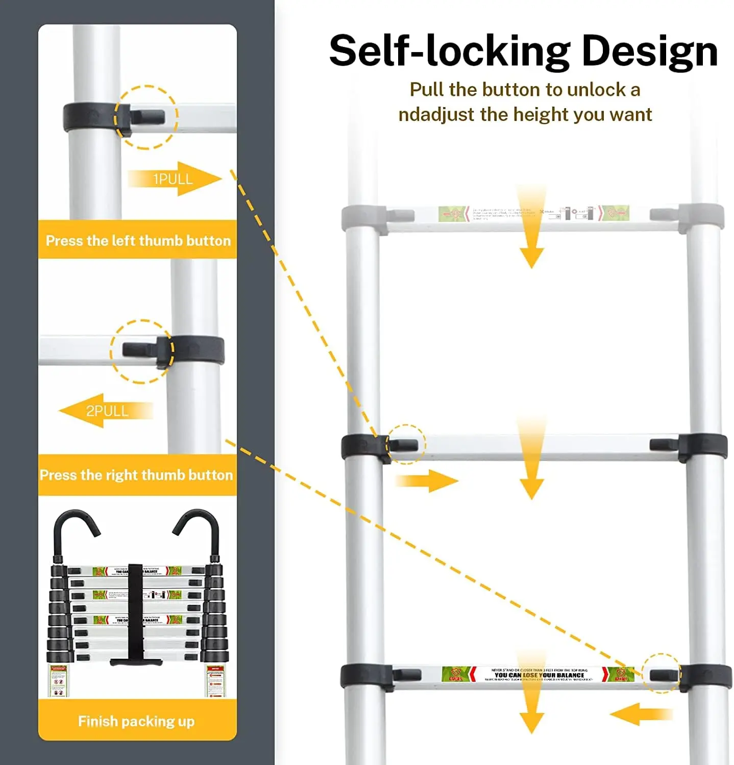 แบบพกพา 200 ซม.-ยืดได้อลูมิเนียมบันไดลื่นฟุตและตะขอที่มั่นคงสําหรับครัวเรือนทํางานกลางแจ้งและบันได