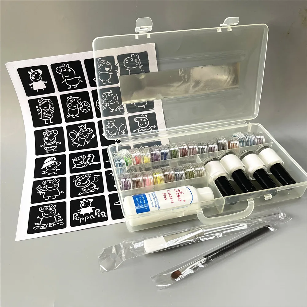 Temporary Diamond Glitter Tattoo Kit 24 Colors Powder 4 Glue Stencil Hollow Template For Fake Tattoo Beauty Body Painting Art