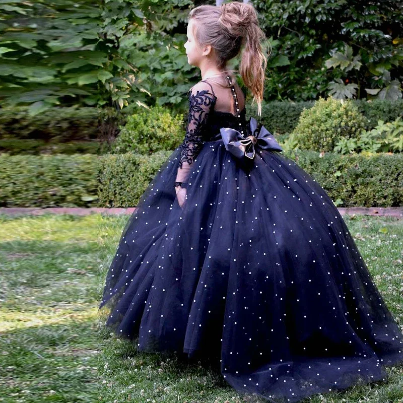 

Flower Girl Dresses Long Appliques Child Girl Wedding Party Dresses Pearls Full Sleeves Birthday Ball Gown For Kids Pageant