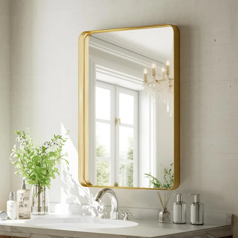 Bathroom Mirror 20x30 inch, Gold Gorgeous Deep Frame Wall Mirror, Modern Round Corner Bathroom Vanity Mirror