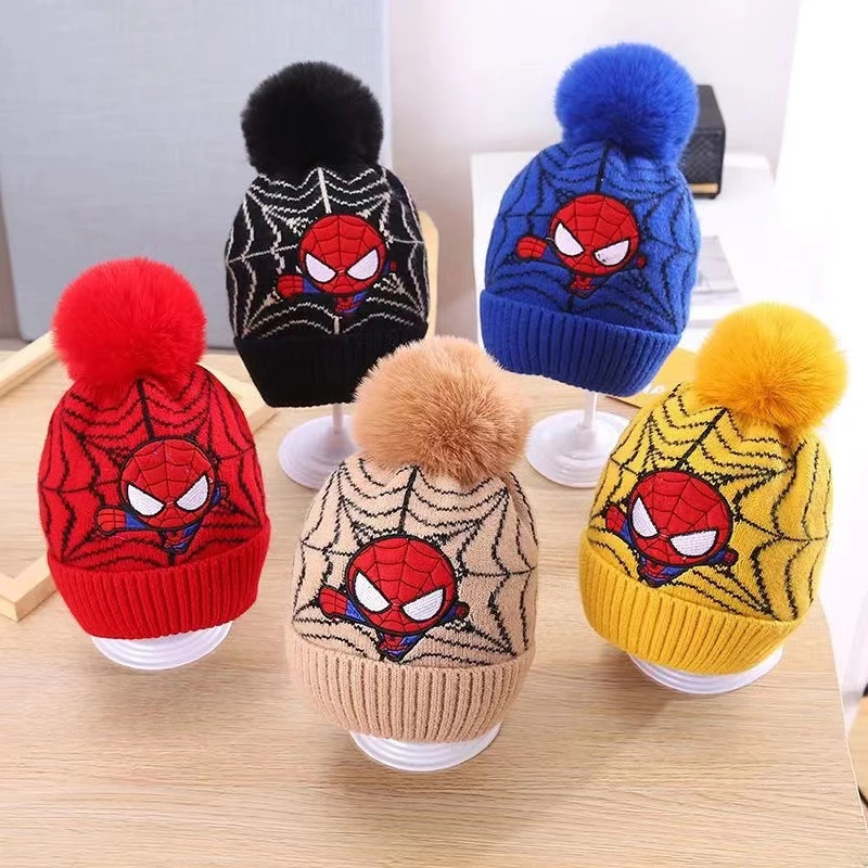 Marvel Cartoon Spiderman New Fashion Autumn Winter Kids Knitted Hat Boys Girl Wool Cap Children Plush Thick Beanies Hat