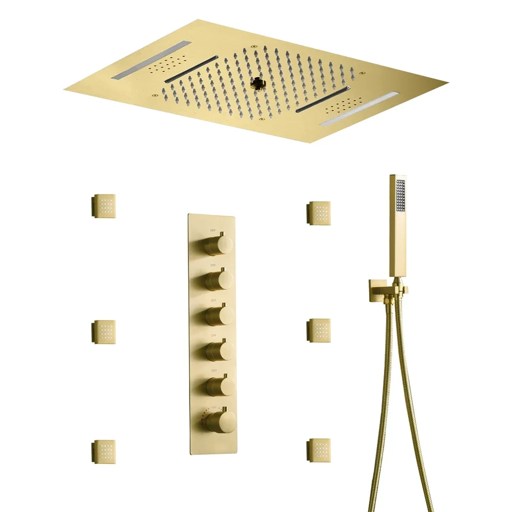 Luxurious  5 Function Brushed Gold Shower Faucet LED Thermostatic Shower Set