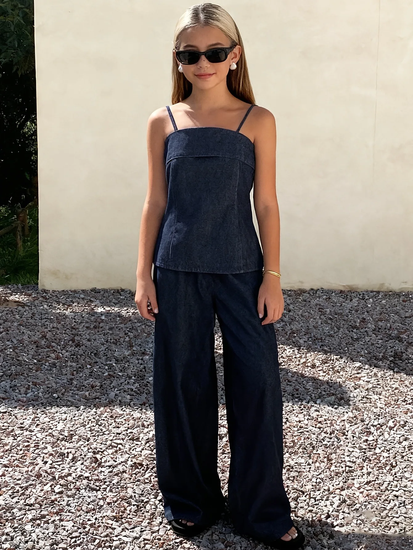 Children Denim Matching Set Spaghetti Strap Camisole High Waist Wide Leg Pants Teenage Girls Summer Photo Shoot Outfits