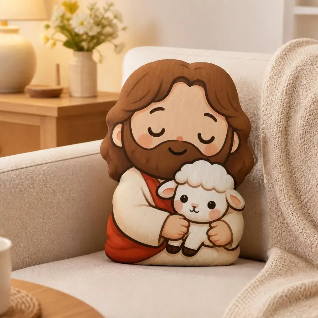 Jesus Lamb Shaped Throw Pillow Christian Faith Cushion Cute Plush Stuffed Home Decor for Prayer Room Church Office Art Gift