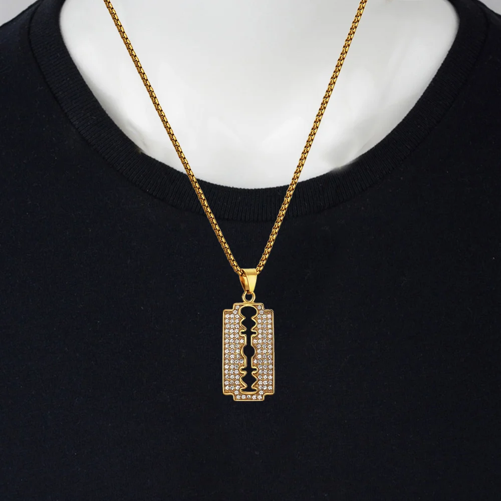 

Hip Hop Iced Out Razor Blade Pendant Gold Color Stainless Steel Zircon Barber Necklace for Women Men Barbershop Jewelry Gift