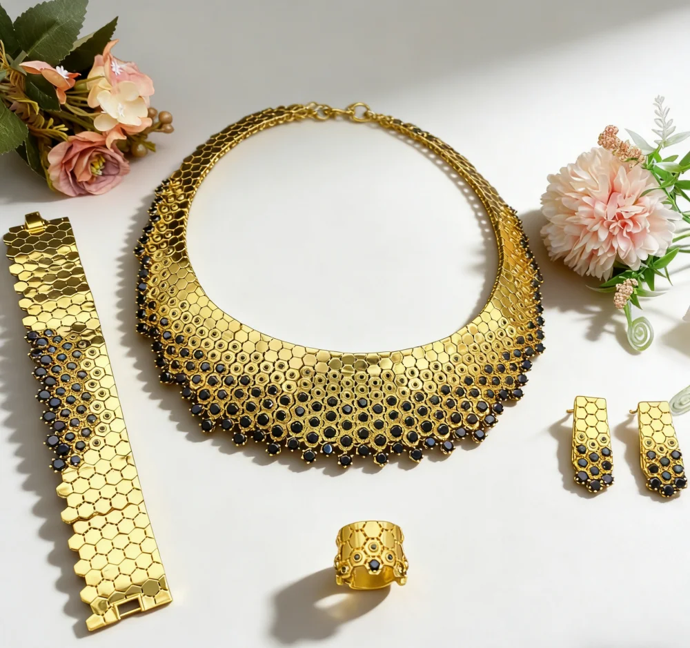 

Falair Festival Gift Elegant Gold Plated Copper Zircon 4PCS Set Necklace Earrings Ring Bracelet Women Exquisite Jewelry Set