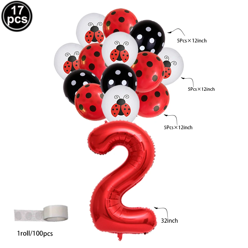 17Pcs Red Large 32inch Numbers Balloons Ladybug Pattern Red Black Polka Dots Latex Balloons for Ladybug Party Birthday Decortion